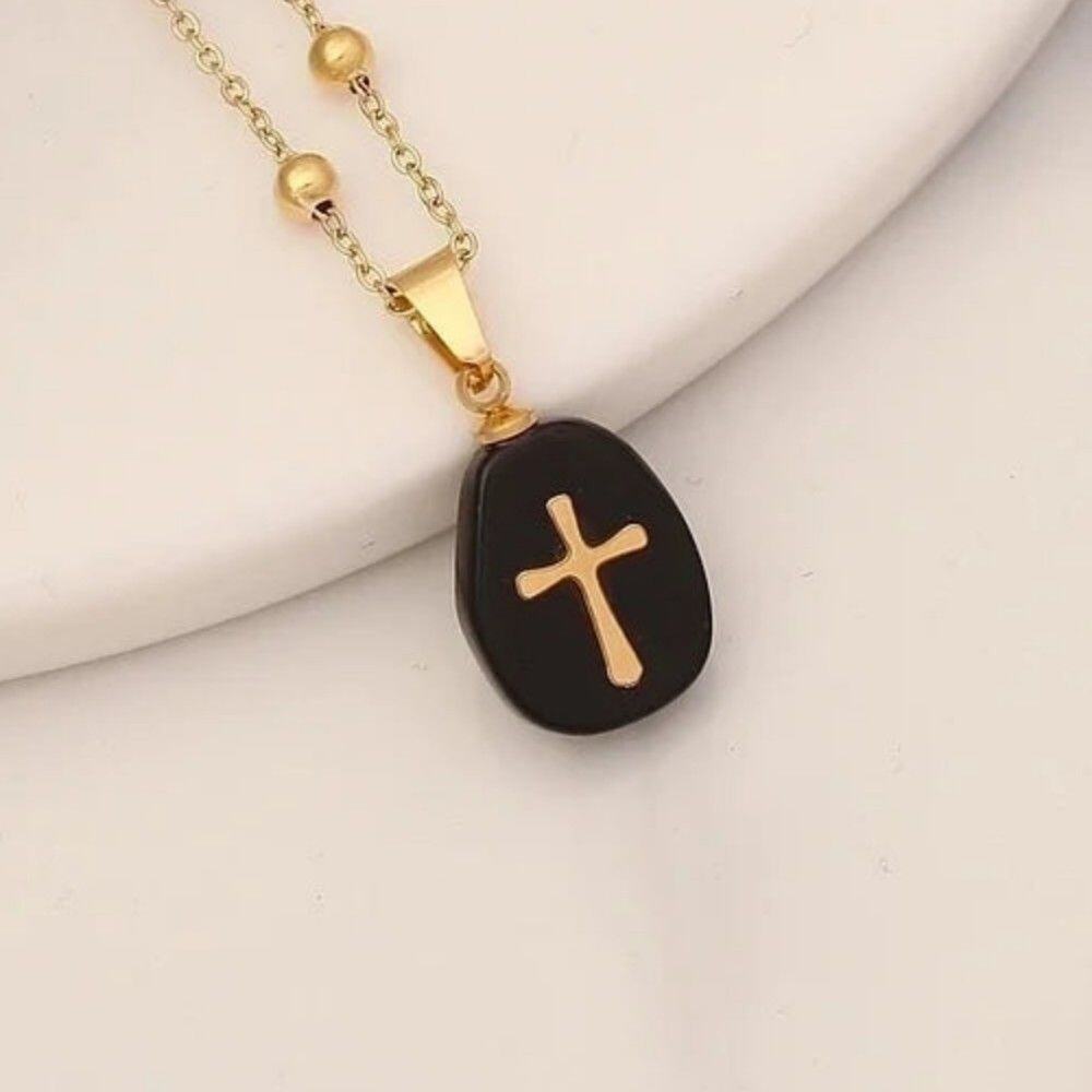 Cross Stainless Steel Natural Agate Stone Satellite Chain Necklace